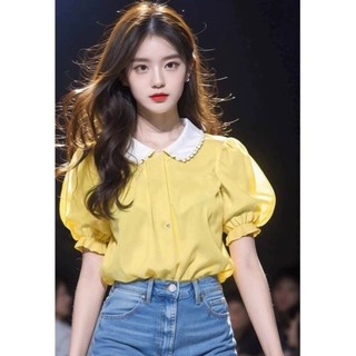 Qianqian QQ Khuyến mãi Kem dưỡng tóc thẳng Cổ búp bê màu vàng Puff Áo sơ mi ngắn tay sang trọng Ngọt ngào đẹp Áo sơ mi nhỏ cao cấp Top nữ Phong cách bán chạy