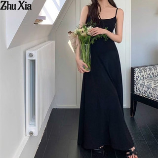 Zhu Xia phong cách Pháp eo thon gọn váy cô gái treo váy dài màu đen mới