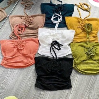 Áo thun áo croptop chéo dây vai đính bông hồng xinh xắn mã 03