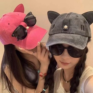 Hàn Quốc Mũ + Kính Mát Tai Mèo Dễ Thương Phi Công Kính Mát Mũ Bóng Chày Nữ Đường Phố Hip-Hop Đi Kèm Mũ Kính Màu Hồng Thời Trang Mũ Hàn Quốc