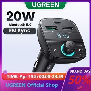 Tẩu sạc điện thoại UGREEN hai cổng USB 4.0 kết nối bluetooth nghe nhạc MP3 dùng trong xe hơi tiện lợi