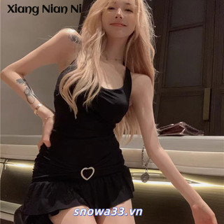 Xiang Nian Ni Đen Dây Sling Đầm Nữ Mùa Hè Gợi Cảm Cô Gái Nóng Xếp Ly Eo Chặt Giảm Béo Xù Hông Váy
