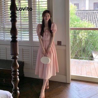 Đầm Lovito xếp nếp màu trơn phong cách thường ngày dành cho nữ LNE49152