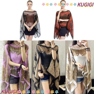 Khăn choàng đi biển KUGIGI, Áo voan sang trọng in hình, Khăn choàng rộng chống nắng thời trang thoáng khí đi biển