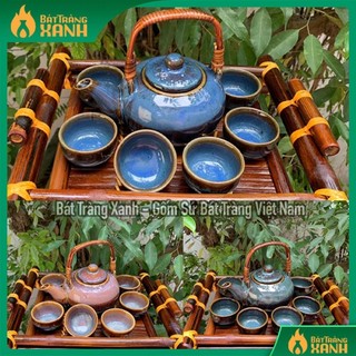 Bộ ấm trà quai mây khay tre, bộ ấm chén hỏa biến bát tràng, gốm sứ bát tràng xanh, gốm sứ bát tràng việt nam