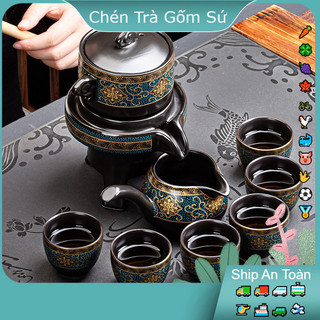 Bộ ấm chén pha trà cối xay gốm sứ trắng - retro bộ trà tự động cao cấp - bộ cối & 6 tách - giao hàng nhanh