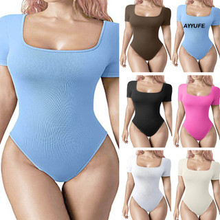 Ayyufe Nữ Mùa Hè Body Cổ Vuông Tay Ngắn Skinny Độ Đàn Hồi Cao Sợi Thắt Lưng Bụng Kiểm Soát Màu Trơn Nữ Playsuit