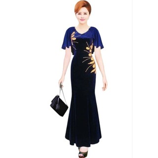 Đầm dạ hội nhung trung niên dáng đuôi cá tay cánh tiên hoa kết đá 2 bên sườn tôn dáng size lớn 72kg, Đầm dạ hội đuôi cá