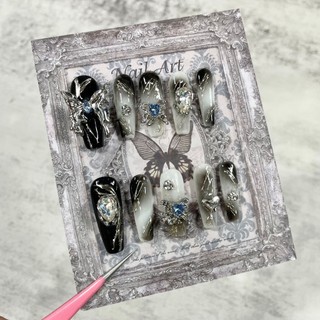 Handmade Dài Tối Mặc Giáp Bướm Flash Ngọt Mát Ánh Sáng Sang Trọng Trắng Miếng Dán Móng Tay Đầu Móng Tay Thành Phẩm