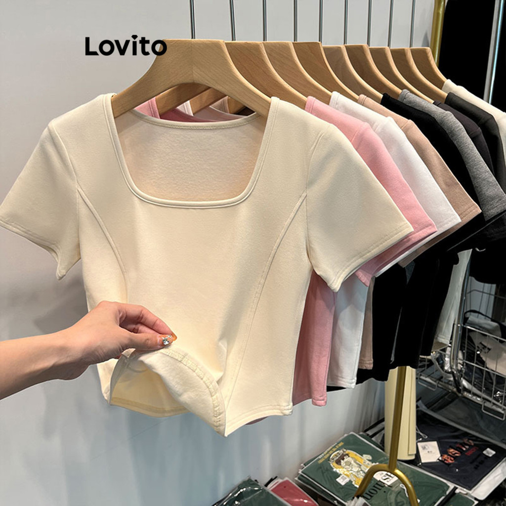 Áo thun Lovito màu trơn kết cấu viền phong cách thường ngày cho nữ LNE31215 (Màu mơ/Trắng/Đen)