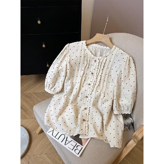 24 Hàng Mới Về Bán Chạy Tóc Thẳng Fat MM Plus Size 150kg Ren Hàn Quốc Chấm Bi Áo Sơ Mi Nữ Mùa Hè Phong Cách Mới Tay Phồng Đơn ngực Tay Ngắn