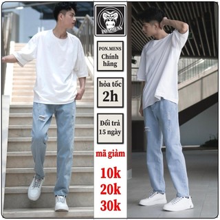 Quần jean nam ống suông rách dáng baggy màu xanh nhạt mài rách xước gối đùi đẹp chất bò denim 03 Pon.mens hà nội hcm