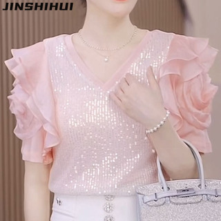 Jinshihuisummer 2023 Áo Sơ Mi Hồng Ding Kim Sa Nhìn Trong Nhà Ánh Sáng Cho Nữ
