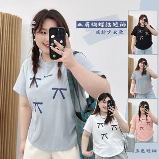 Áo thun cỡ lớn mùa hè tay ngắn dáng rộng in hình nơ áo thun nữ
