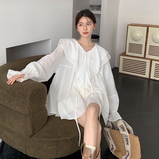 Áo Váy Sơ Mi Form Rộng Siêu Bồng Bềnh Mùa Hè Rất Tiên Nữ Size Lớn Thiết Kế Hai Lớp Cổ Áo Ren Dài Giữa Áo