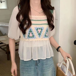 Áo Chiffon Cổ Vuông Tay Ngắn Lưng Cao Thời Trang Cho Nữ