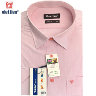 Viettien - Áo sơ mi nam ngắn tay vải sợi sen kẻ sọc vạt bầu 1Q0176 regular