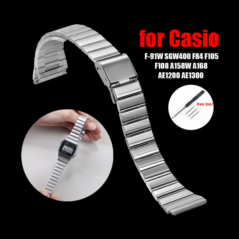 Vòng tay kim loại cho Casio F-91W SGW400 F84 F105 / 108 / A158W / 168 AE1200 / 1300 Dây đeo đồng hồ 