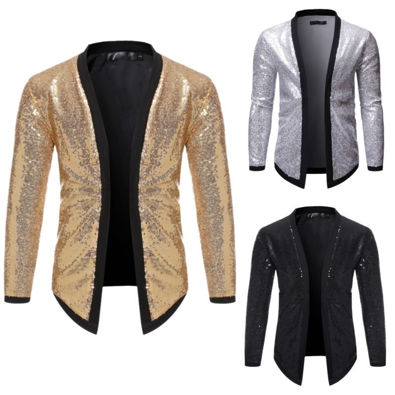 Nam Sáng Bóng Kim Sa Lấp Lánh Áo Bóng Chày Bling Bling Vàng Áo Dài Tay Không Nút cardigan Áo Khoác