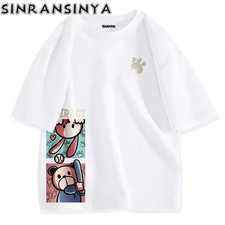 Sinransinya Áo thun nam mới Nhật Bản cổ điển giản dị cotton nguyên chất cao cấp in hoạt hình thiết kế cảm giác nặng nề phụ nữ oversize cặp đôi thời trang áo nửa tay