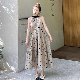 C & M Nữ Phong Cách Ngọt Ngào Tắt Vai Đen Chấm Bi Áo Dài