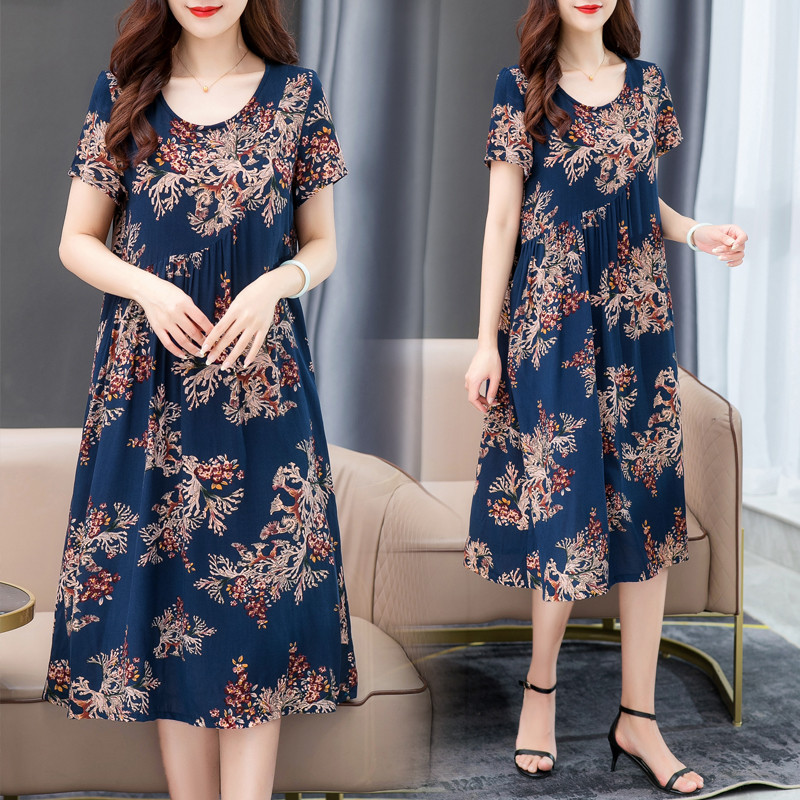 Người Cao Tuổi Trung Niên Plus Size Nữ Mùa Hè Nửa Tay Cotton Lụa Đầm Giữa Chiều Dài Thời Trang Mẹ Váy Màu Hoa Váy