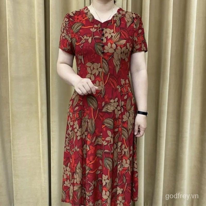 Đầm Mùa Hè Phong Cách Mới Trung Niên Người Cao Tuổi Nữ Váy Dài Trung Niên Cổ Chữ V Cổ Thời Trang Tay Ngắn Mẹ Slim-fit Ôm Hơn Nhìn