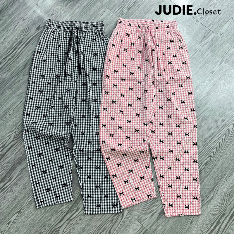 Quần Baggy Nữ Ống Đứng Dáng Lửng,Quần Lửng Chất Thô Nhăn Mềm Hoạ Tiết Kẻ Caro In Nơ Cạp Chun Co Dãn