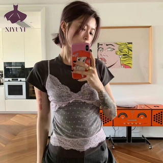 Xiyuyi Áo thun nữ tay ngắn Slim Fit Ren hàng đầu độc đáo
