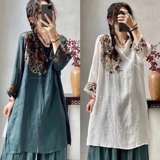 Áo sơ mi nữ thêu vải lanh cotton dài vừa phải mùa hè