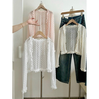 Áo khoác dệt kim ren hoa nổi cardigan dáng lửng trong suốt nhiều màu alisa
