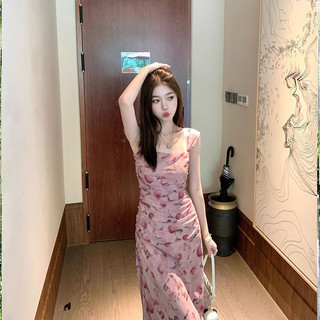 Váy 2 dây Váy trễ vai Váy body dáng dài Váy đi biển Váy cottagecore Đầm Hoa Màu Hồng Sling Nữ 2024 Phong Cách Mới Mùa Hè Dài Phong Cách Sang Trọng Ôm Hơn Nhìn Hẹp Eo Váy