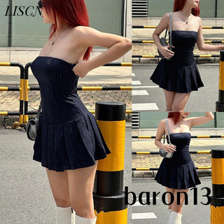 LISCN Váy kẻ sọc xếp li không lưng Short, quần áo nữ đi biển mùa hè đường phố thời trang GM24404DV