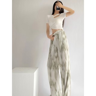 Quần ống rộng dành cho nữ, Mùa hè Ice Silk Mỏng lưng cao Drapey Fat Mm Giảm béo Dây buộc thẳng nhuộm Gradient Quần dài sàn thông thường