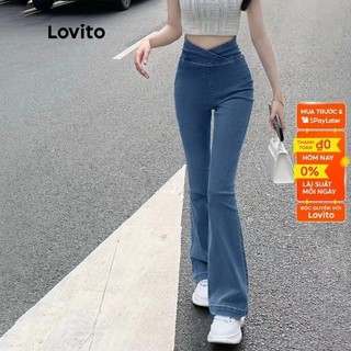Lovito Quần jean denim cạp cao ống loe cạp cao trơn đơn giản cho nữ L47ED146 (Màu xanh da trời)