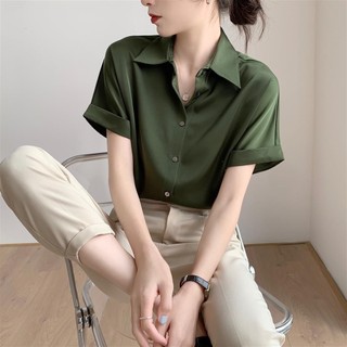 Áo Sơ Mi Nữ Mùa Hè Tay Ngắn Satin Phong Cách Mới Phỏng Vấn Trang Trọng Áo Sơ Mi Xanh Retro Phong Cách Hồng Kông Drape Top