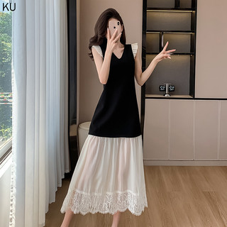 Pháp Nhẹ Nhàng Ren Khâu Nhỏ Đen Đầm Nữ Giả Hai Mảnh Bay Tay Đầm Dài Organza Màu Sắc Tương Phản Dài Mùa Hè 2024 Phong Cách Mới