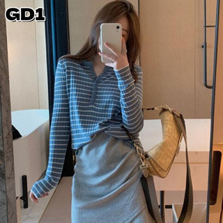 Cô Gái ParadiseNew Start Thu Sọc Nữ Đầu Dài Tay Cũ Trái V Mỏng Áo Sơn mi Điện Kim