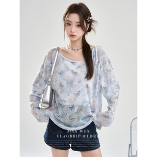 Yuewen Cổ Tròn Nơ In Ren Áo Thun Dài Tay Nữ Rời Mỏng