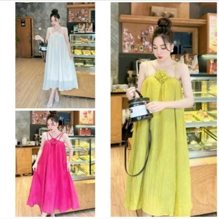 Đầm Nữ Dây Thắt Bính Xinh Xắn Phối Hoa Chất Vải Xốp Thoáng Mát FREESIZE dưới 60KG Mùa hè Biển