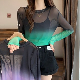 Mùa Hè Băng Lụa Lưới Sợi Chống Nắng Áo Thun Nữ Màu Gradient Rời Tay Dài