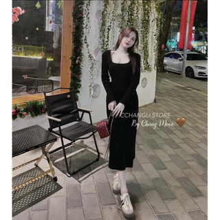 Đầm thun gân tăm dài tay cổ vuông gb Đầm body dáng dài cổ thuyền 2 màu trẻ trung cá tính phù hợp đi chơi capnhatxuhuong