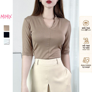 Áo Thun Nữ MIMIX Áo Kiểu Cổ Tim Tay Ngắn Trơn 3 Màu 3 Size SML Chất Borip QC Co Giãn EI0095