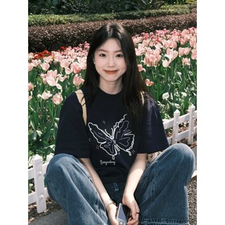 「RTVY」Áo thun ngắn tay hình bướm xanh hải quân mùa hè Cotton nguyên chất dáng rộng và sang trọng