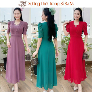 (40kg-70kg) Đầm maxi form dài trung niên GR0313, xếp ly 2 bên ngực, kèm phụ kiện nơ rời (HÌNH THẬT SHOP CHỤP)