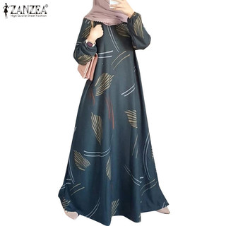 Zanzea Nữ Hồi Giáo Hàng Ngày Cổ Tròn In Hình Dài Tay Váy Rời