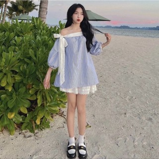 Áo trễ vai tay bồng phối nơ trắng dễ thương, áo babydoll kẻ sọc xanh hồng chất thô mềm đi chơi đi biển xinh xắn, SEE
