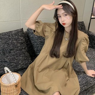 Váy búp bê xếp li tay phồng 2024 Thiết kế phong cách phương Tây Kaki Váy ngắn tay nữ XG07