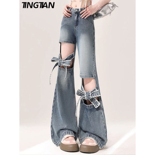 TINGTIAN quần ống rộng quần nữ jean hàn quốc Dễ thương thời trang Vintage WLK24415BL 19Z240511
