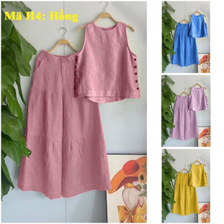 Bộ đồ đũi, bộ áo xát nách nữ, quần ống rộng, cúc kiểu, sang chảnh, mã h4